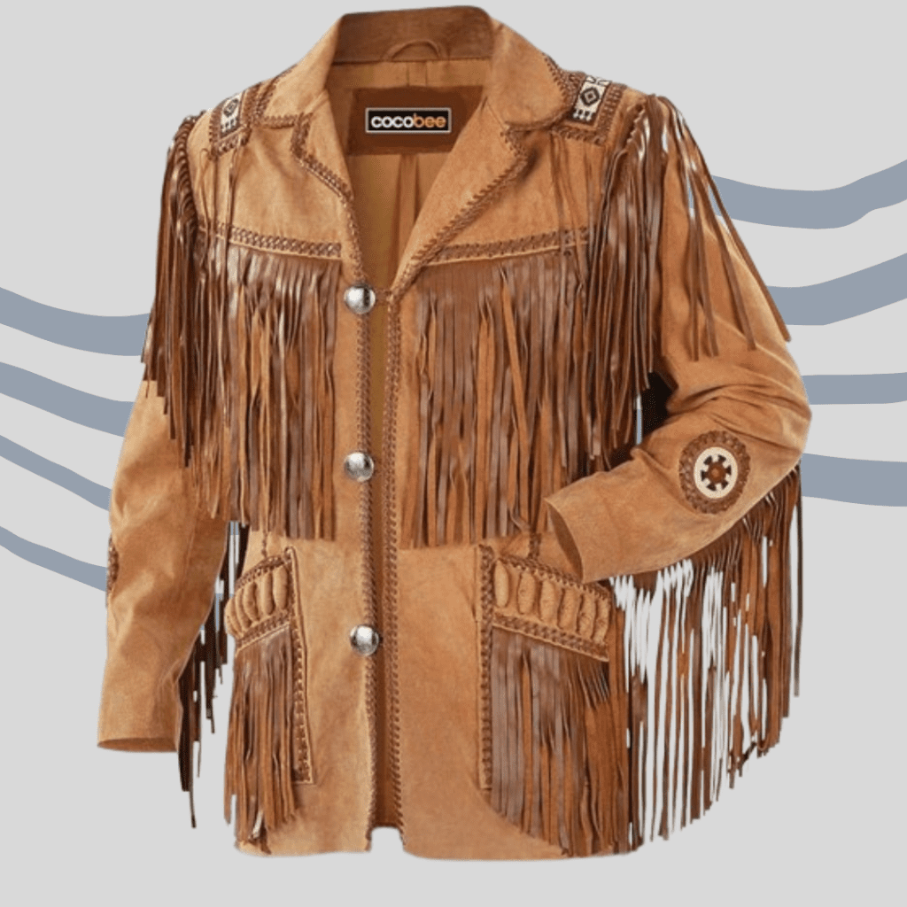 Men's Classic Western Leather Jacket Coat with Fringed Native American Style Suede
