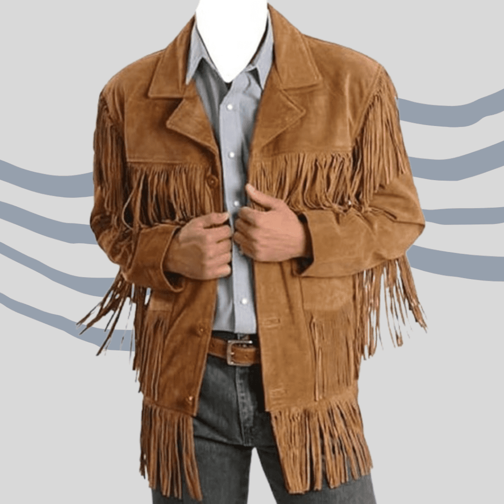 Men's Classic Cowboy Western Leather Jacket Coat with Fringed Native American Style Suede-L